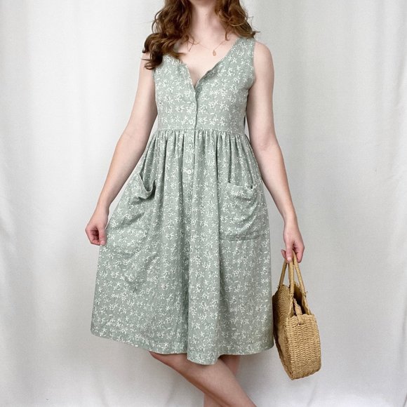 Vintage Rustic Cottagecore Floral Button Up Sleeveless Summer Midi Dress Pockets - Picture 2 of 6